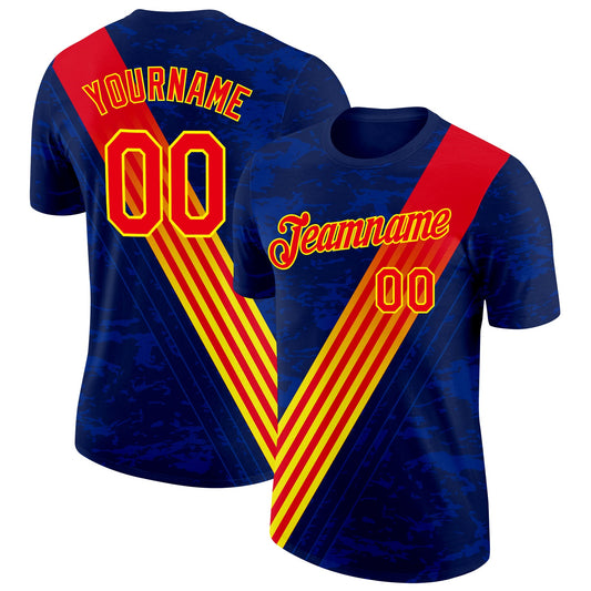 Custom Navy Fire Red-Light Yellow Spain Stripe Performance T-Shirt - Main View