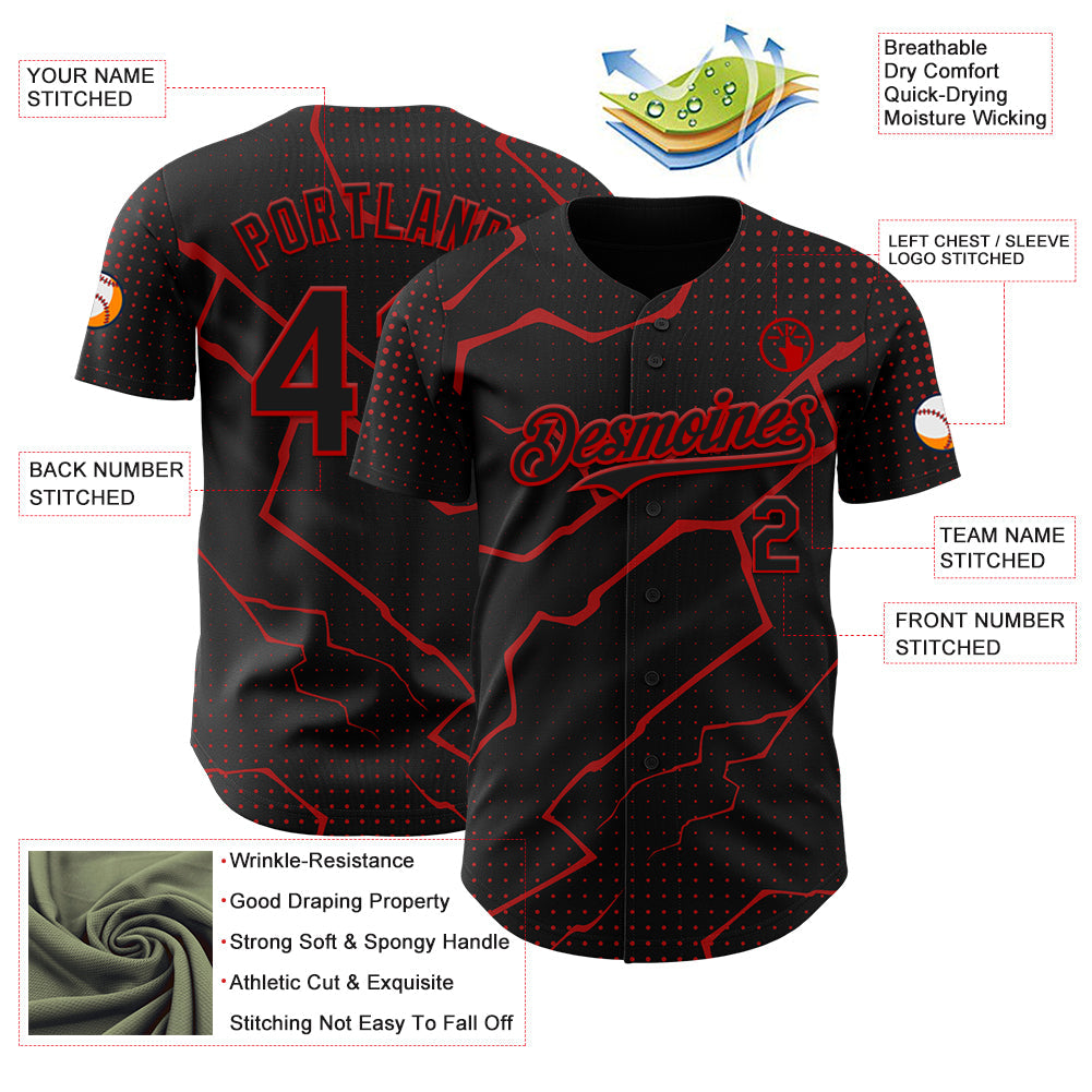 Custom Black Red Lightning Polka Dot Authentic Baseball Jersey view 3