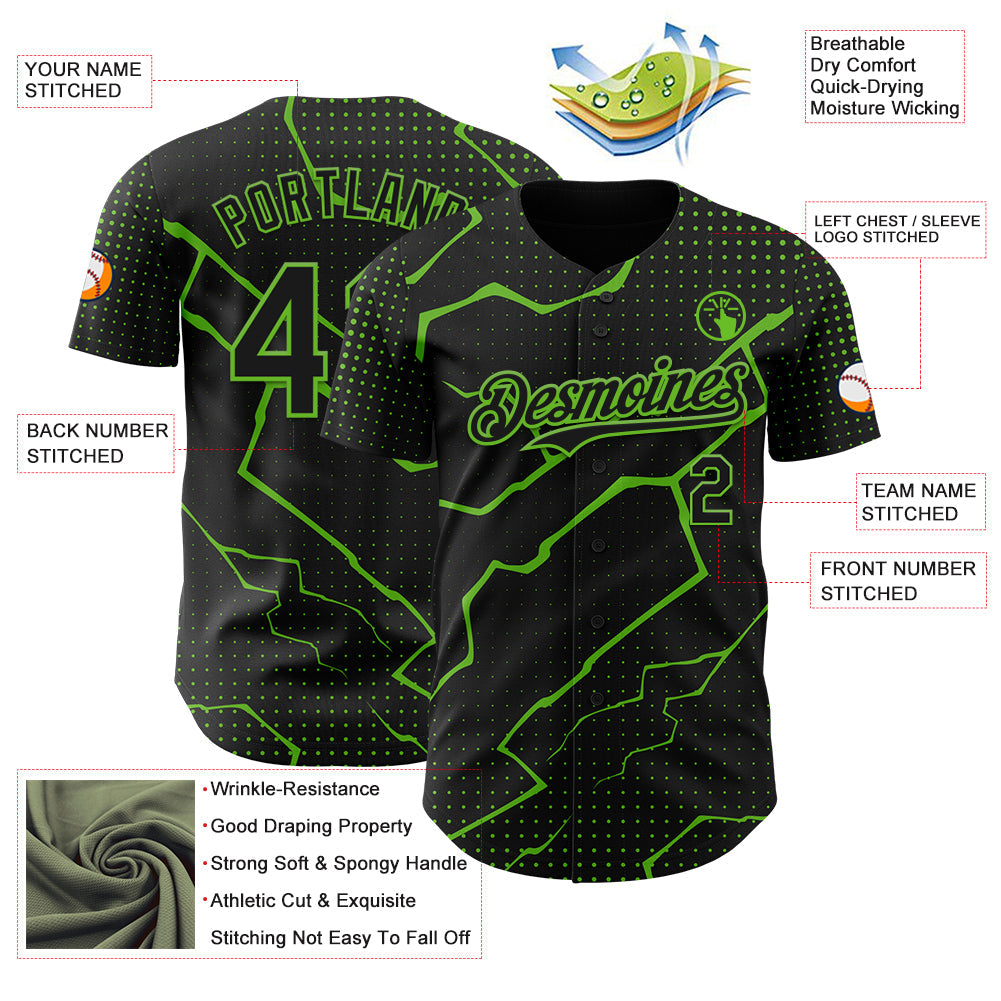 Custom Black Aurora Green Lightning Polka Dot Authentic Baseball Jersey view 3