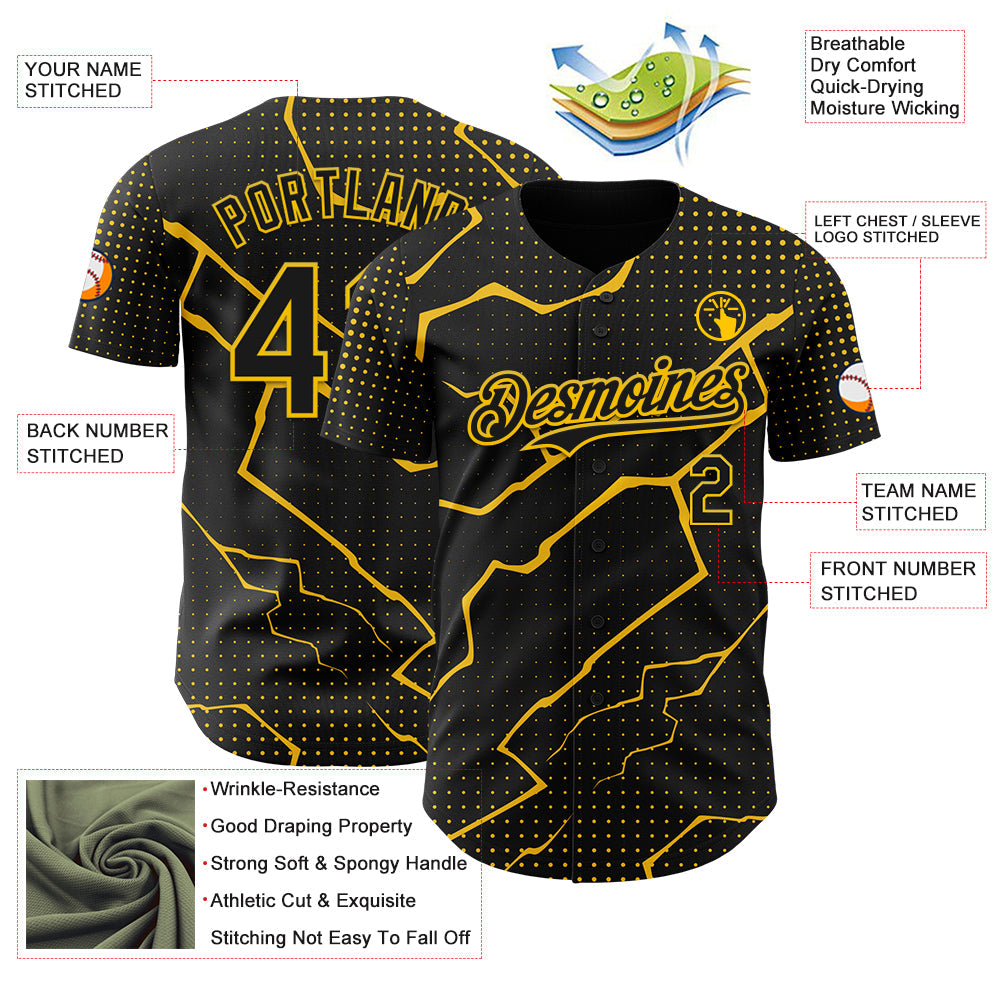 Custom Black Yellow Lightning Polka Dot Authentic Baseball Jersey view 3
