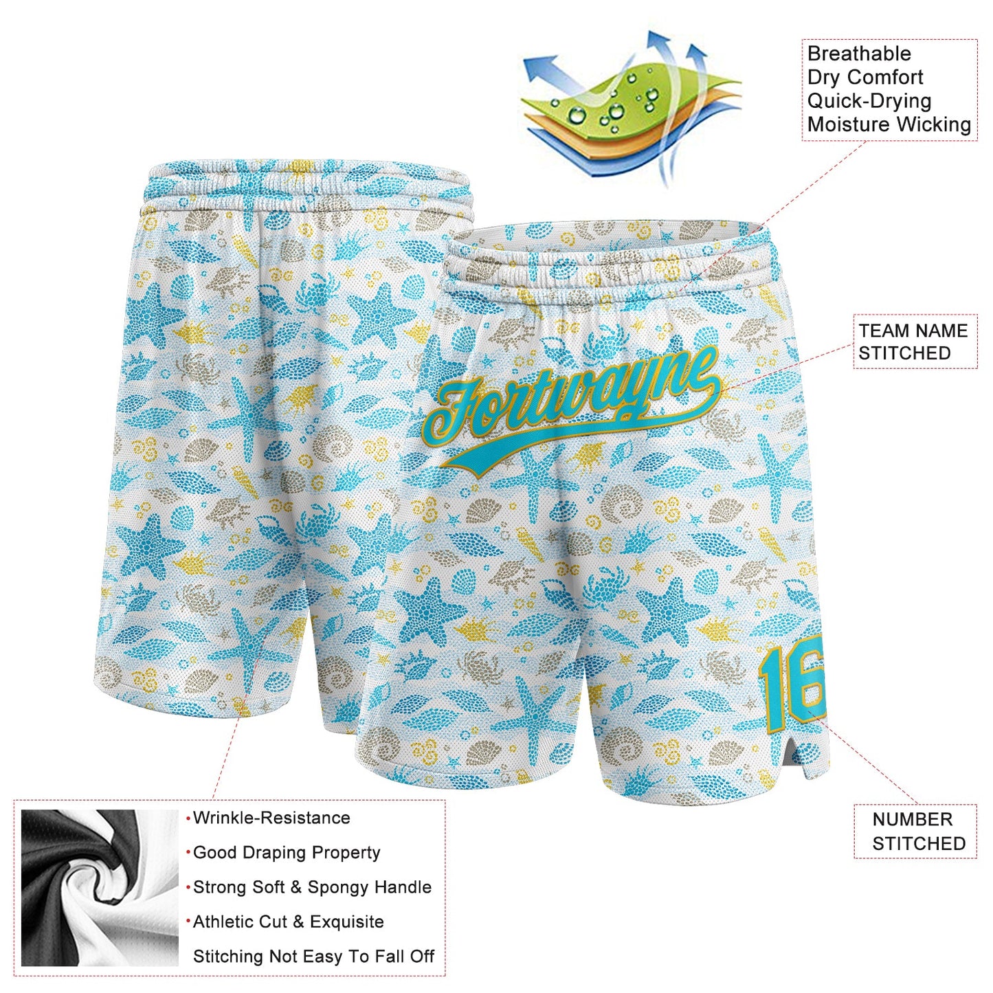 Custom White Lakes Blue-Gold 3D Pattern Starfishs And Shells Authentic Basketball Shorts view 2