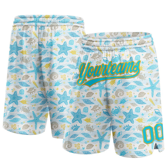 Custom White Lakes Blue-Gold 3D Pattern Starfishs And Shells Authentic Basketball Shorts - Main View