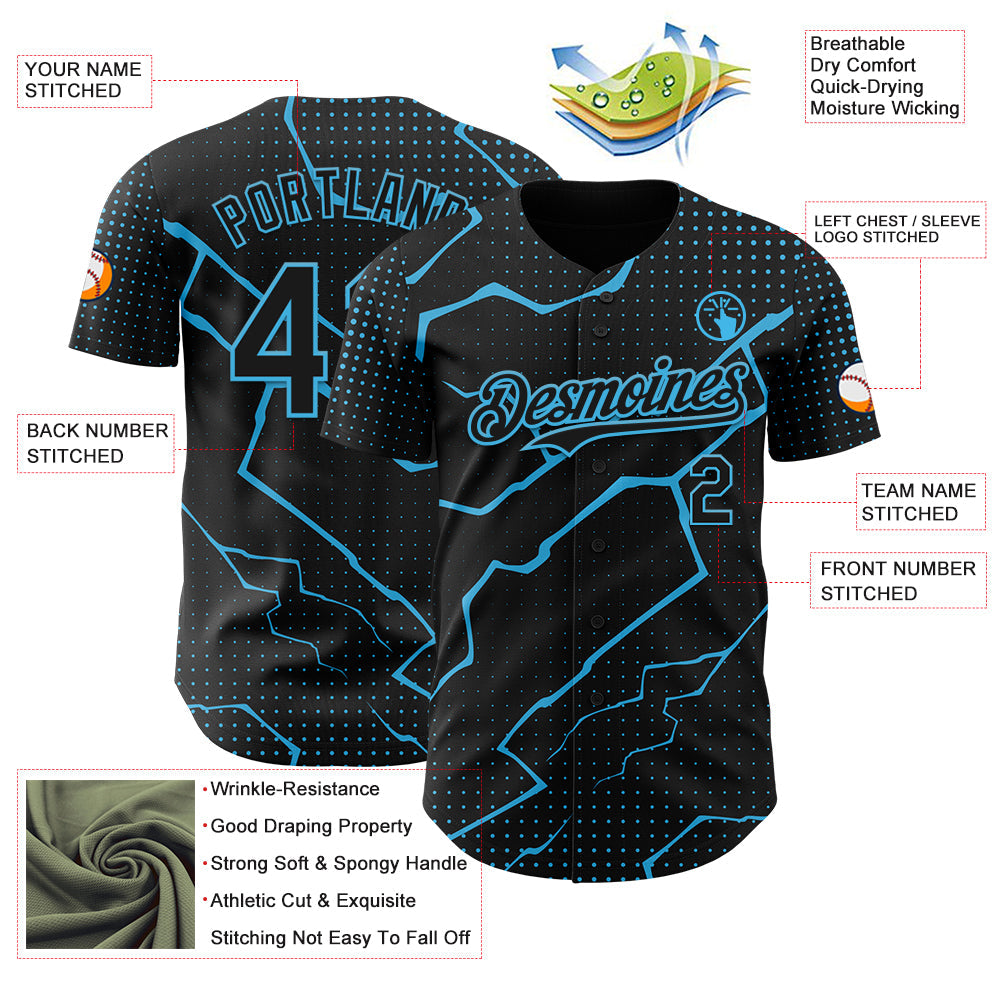 Custom Black Sky Blue Lightning Polka Dot Authentic Baseball Jersey view 3
