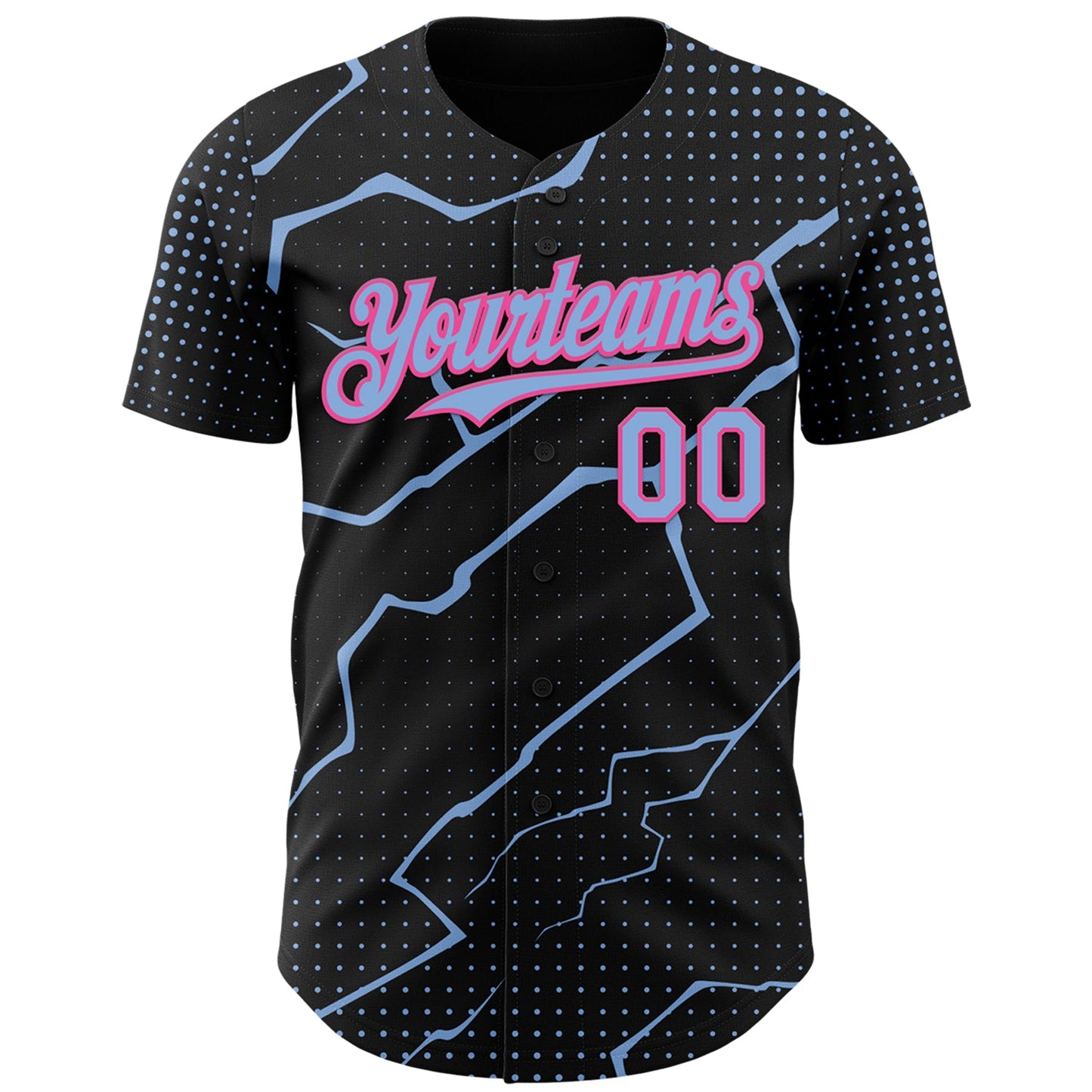 Custom Black Light Blue-Pink Lightning Polka Dot Authentic Baseball Jersey view 2