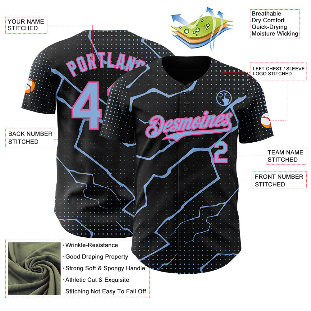 Custom Black Light Blue-Pink Lightning Polka Dot Authentic Baseball Jersey view 3