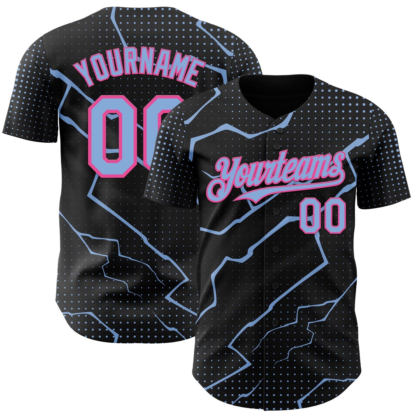 Custom Black Light Blue-Pink Lightning Polka Dot Authentic Baseball Jersey - Main View