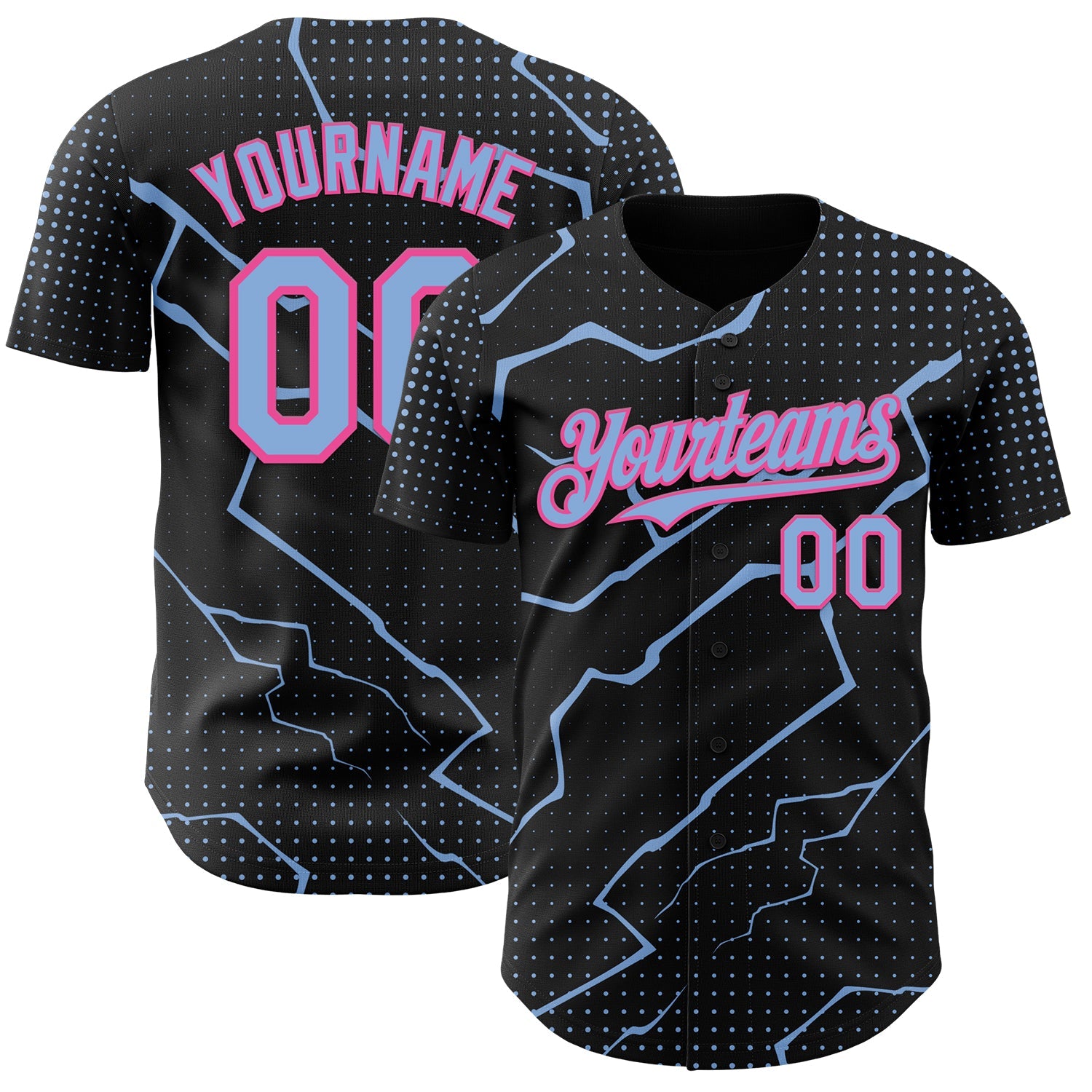 Custom Black Light Blue-Pink Lightning Polka Dot Authentic Baseball Jersey - Main View