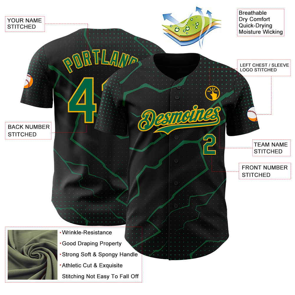 Custom Black Kelly Green-Gold Lightning Polka Dot Authentic Baseball Jersey view 3
