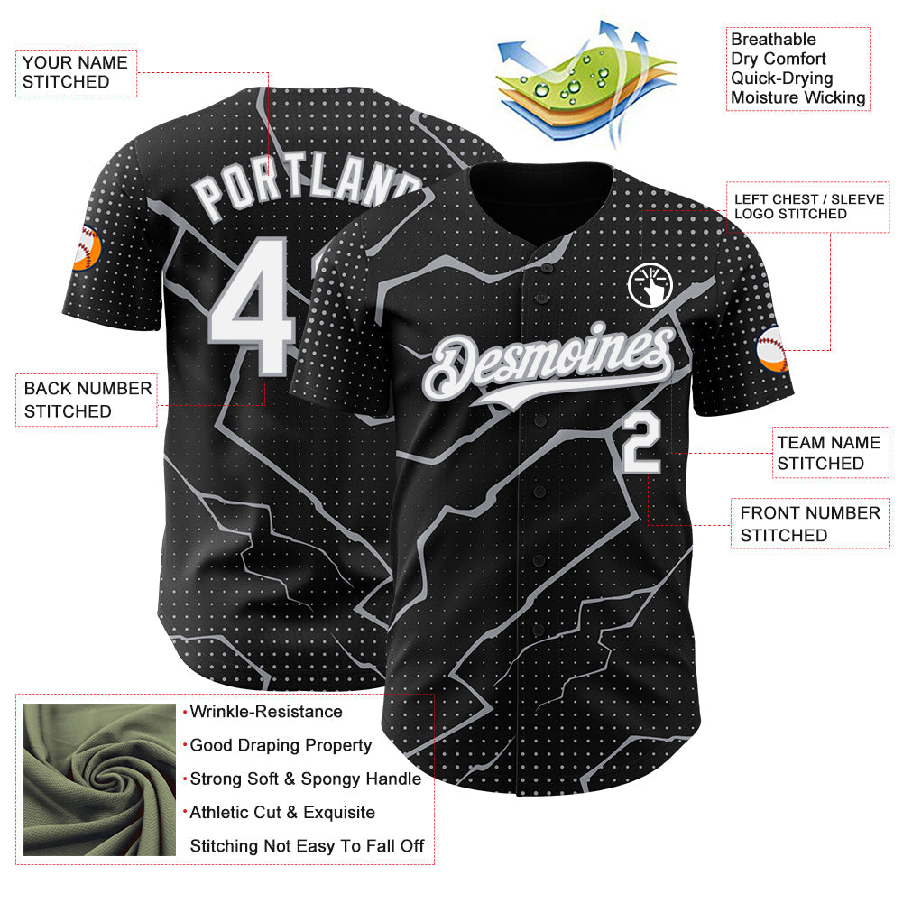Custom Black White-Gray Lightning Polka Dot Authentic Baseball Jersey view 3