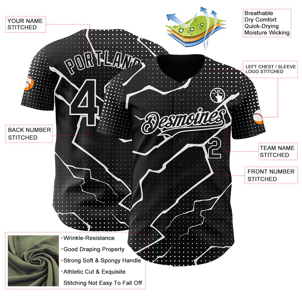 Custom Black White Lightning Polka Dot Authentic Baseball Jersey view 3