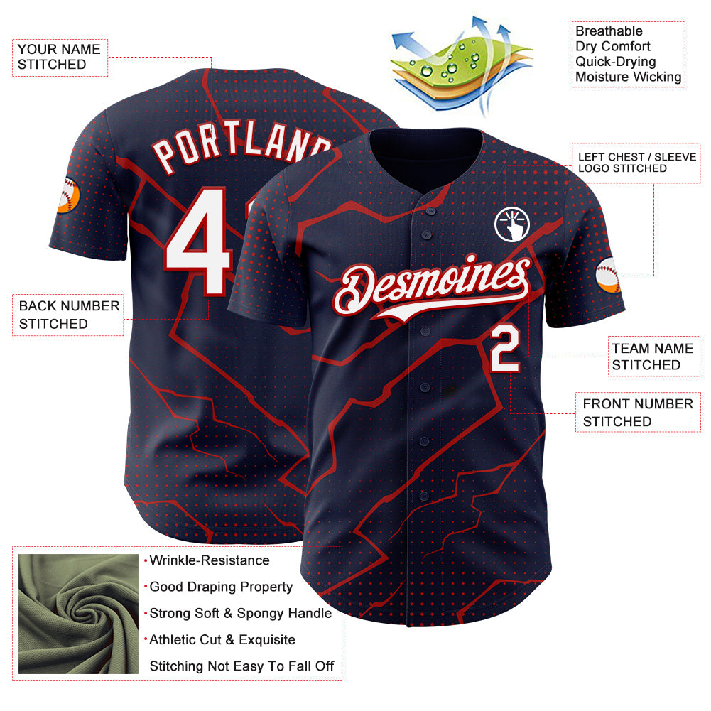 Custom Navy White-Red Lightning Polka Dot Authentic Baseball Jersey view 3