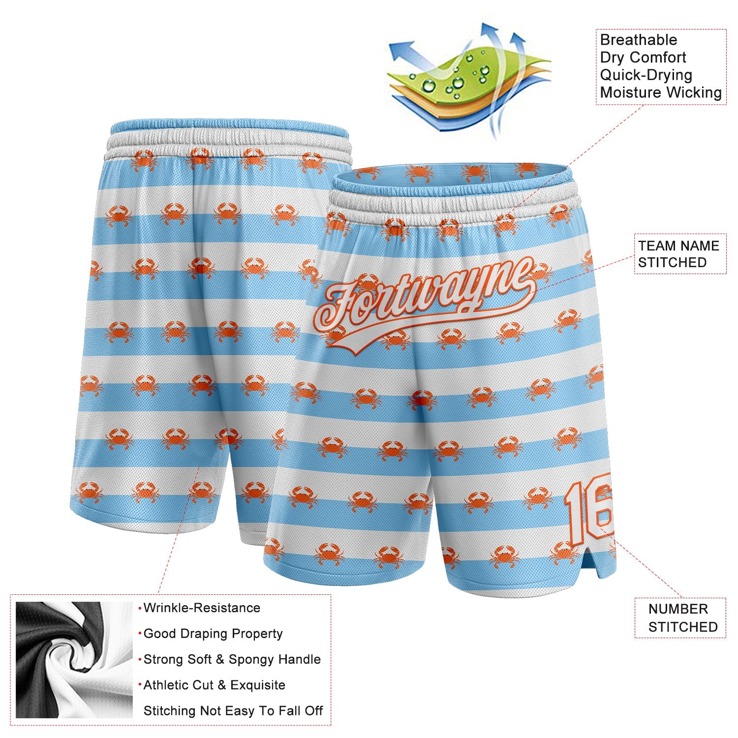 Custom Light Blue White-Orange 3D Pattern Crabs Authentic Basketball Shorts view 2
