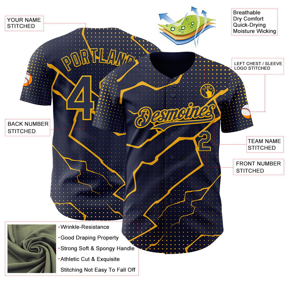 Custom Navy Gold Lightning Polka Dot Authentic Baseball Jersey view 3