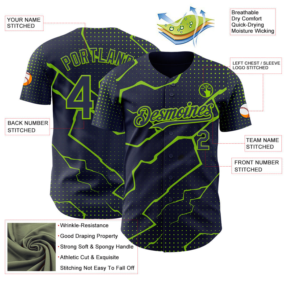 Custom Navy Neon Green Lightning Polka Dot Authentic Baseball Jersey view 3