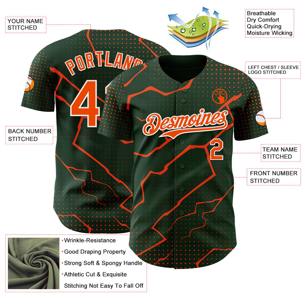Custom Green Orange-White Lightning Polka Dot Authentic Baseball Jersey view 3