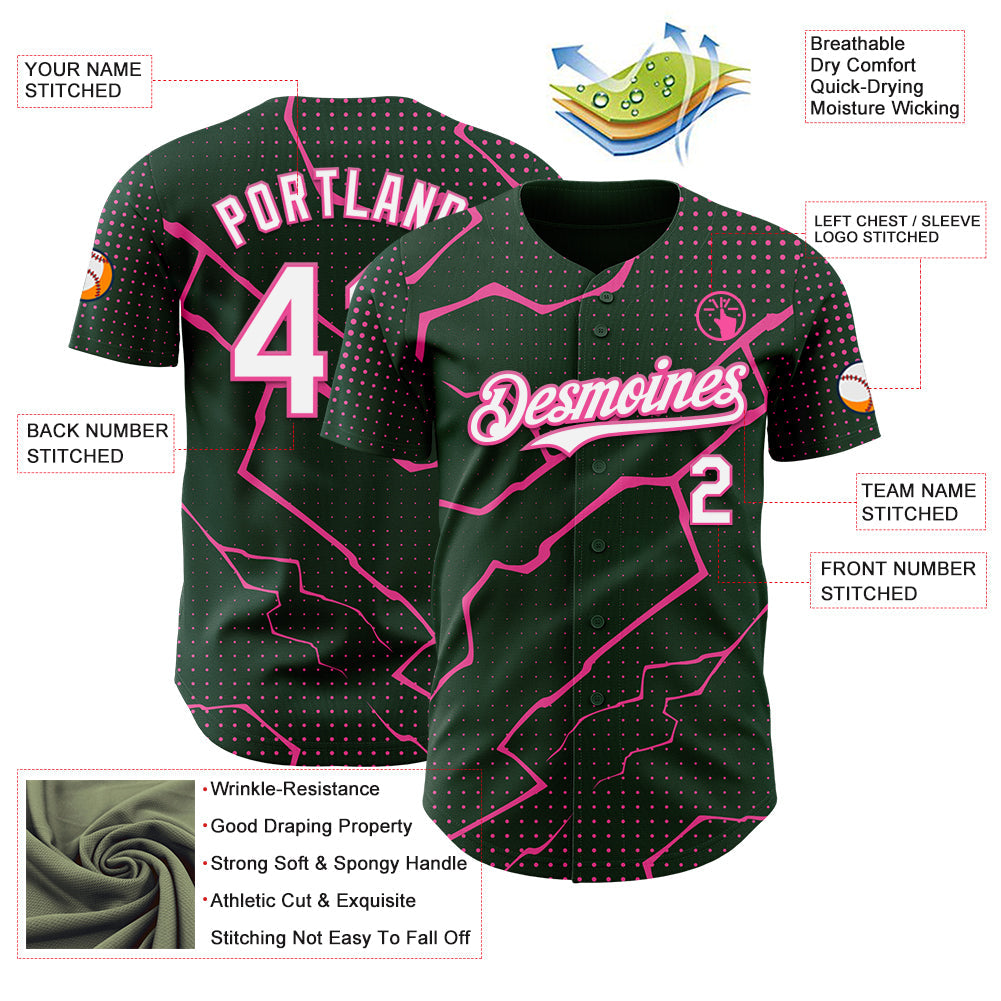 Custom Green White-Pink Lightning Polka Dot Authentic Baseball Jersey view 3