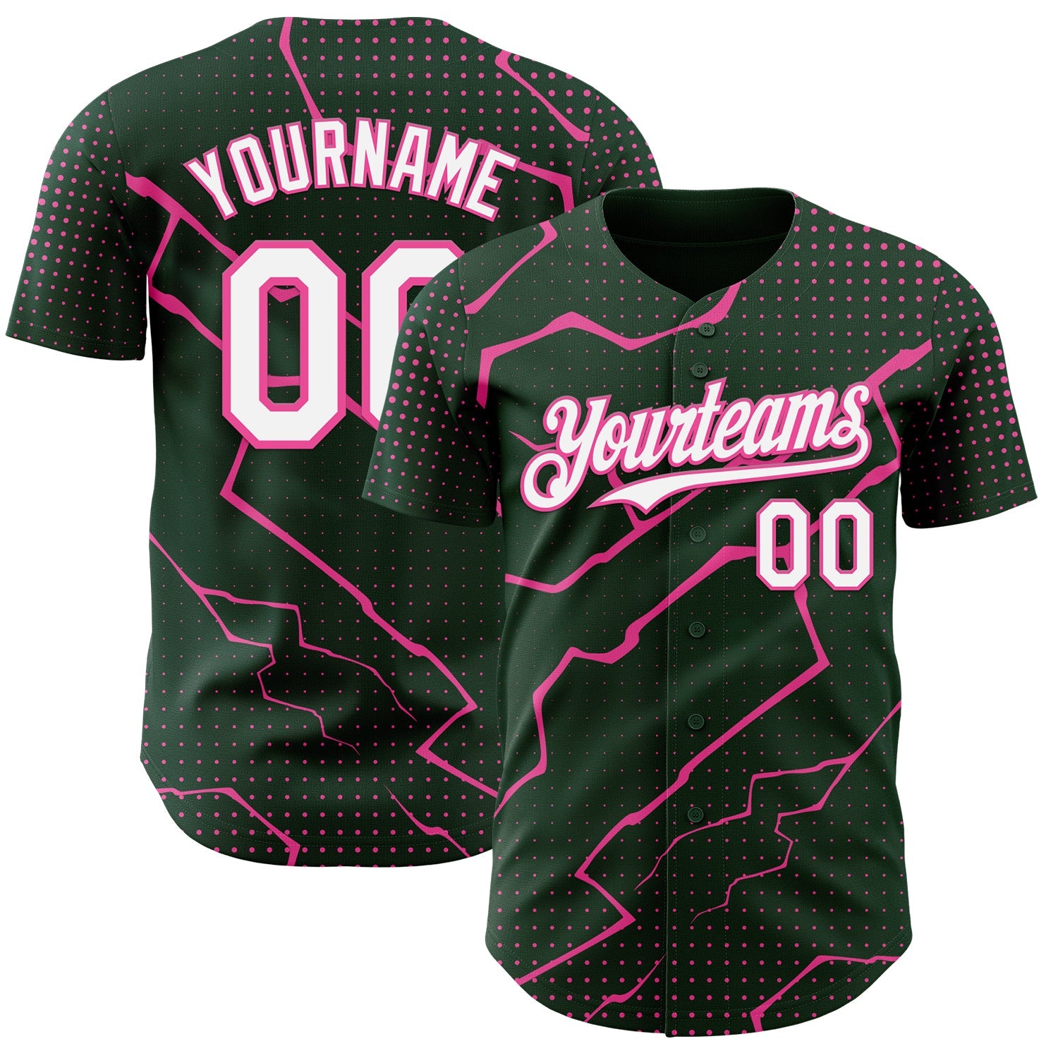 Custom Green White-Pink Lightning Polka Dot Authentic Baseball Jersey - Main View