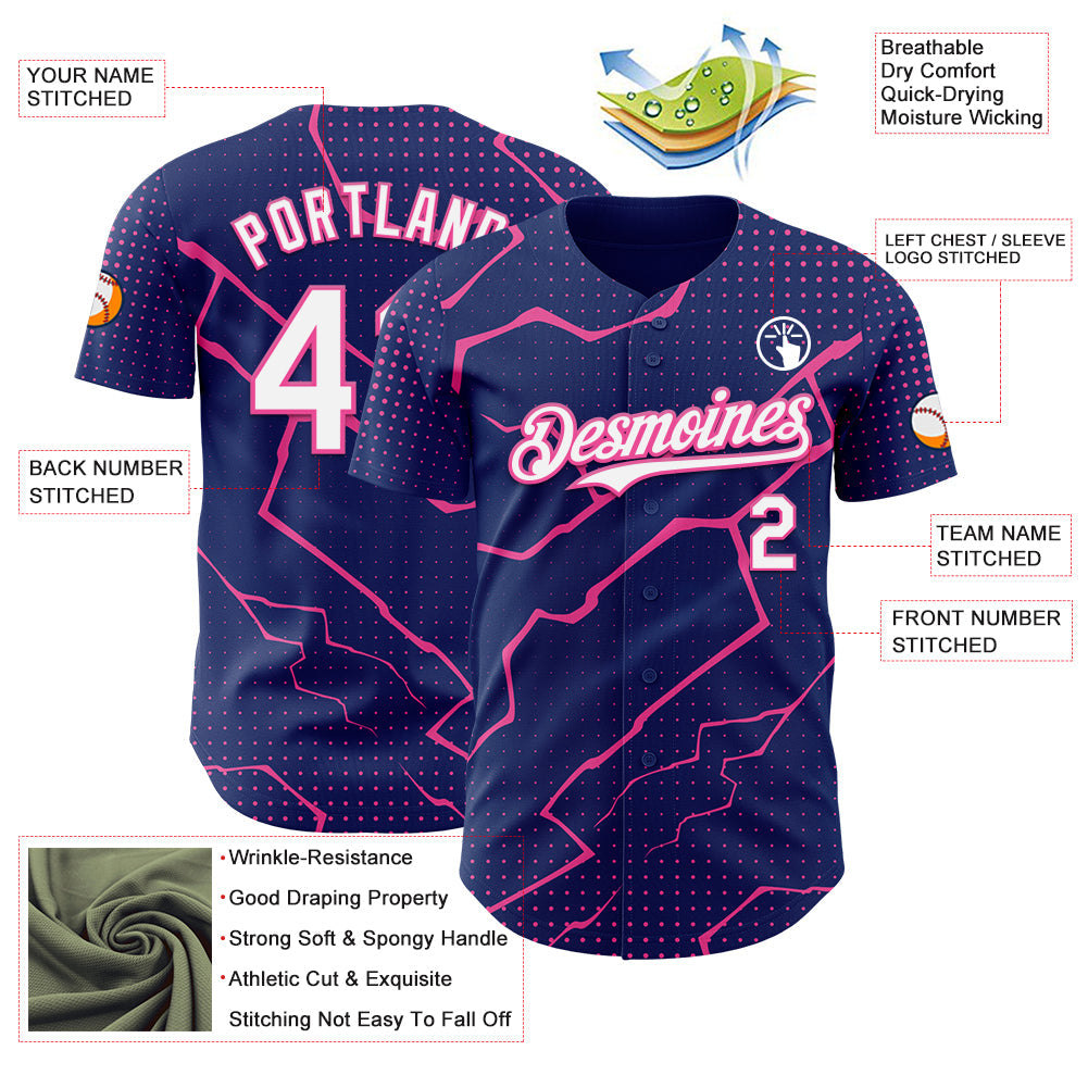 Custom Royal White-Pink Lightning Polka Dot Authentic Baseball Jersey view 3