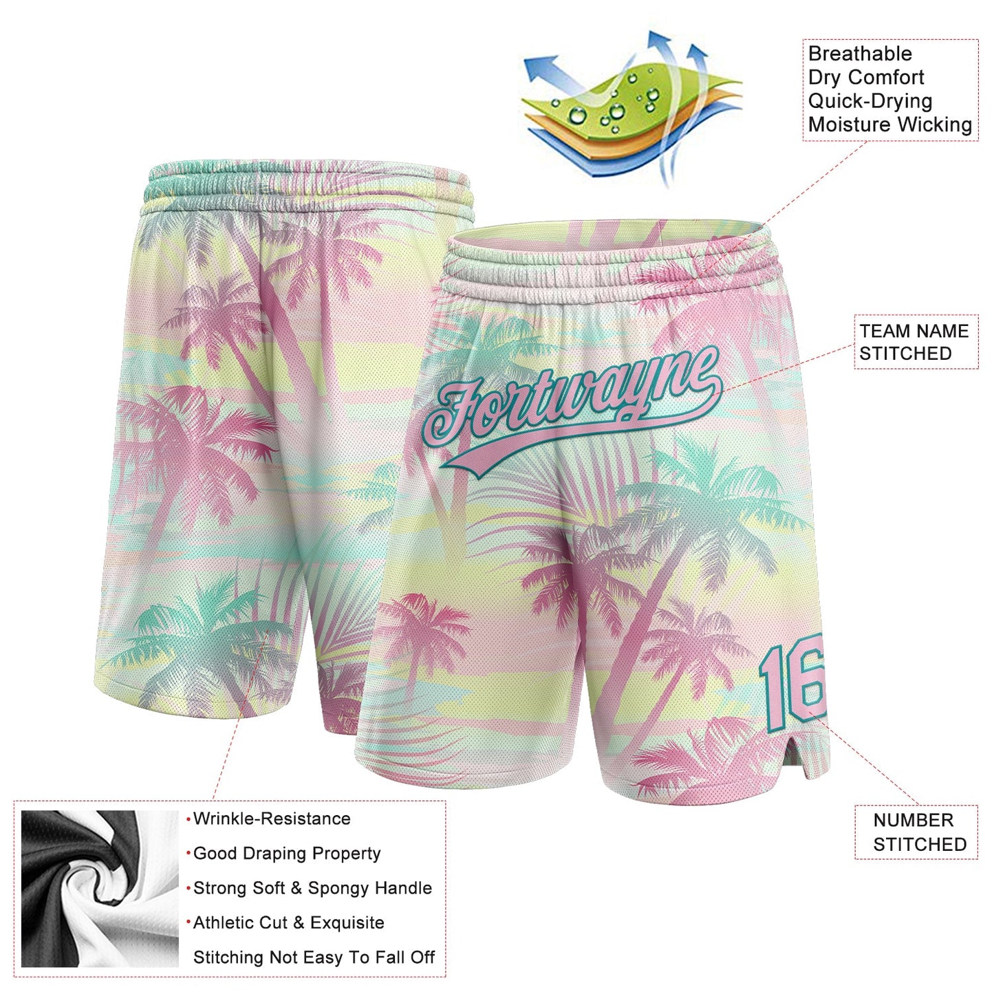 Custom Pink Light Pink-Teal 3D Pattern Hawaii Palm Trees Authentic Basketball Shorts view 2