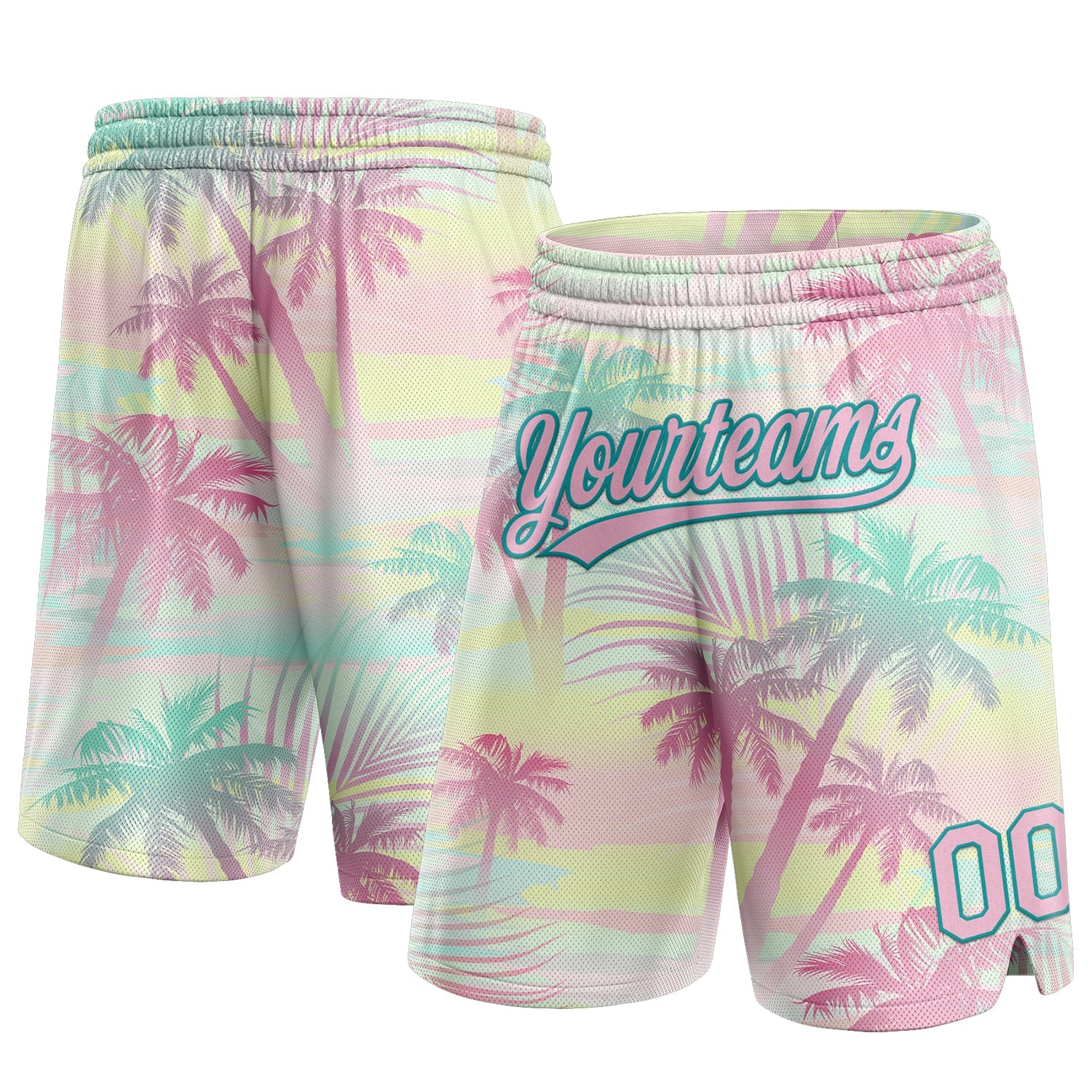Custom Pink Light Pink-Teal 3D Pattern Hawaii Palm Trees Authentic Basketball Shorts - Main View