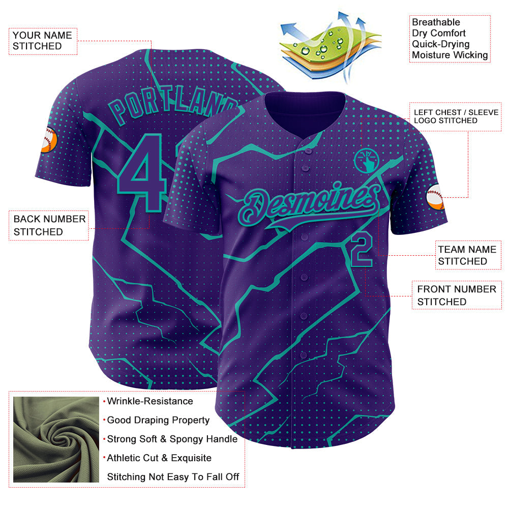 Custom Purple Aqua Lightning Polka Dot Authentic Baseball Jersey view 3