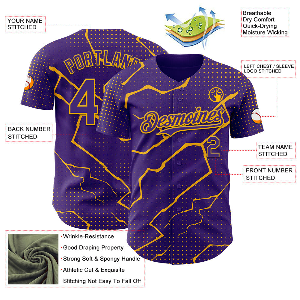 Custom Purple Gold Lightning Polka Dot Authentic Baseball Jersey view 3
