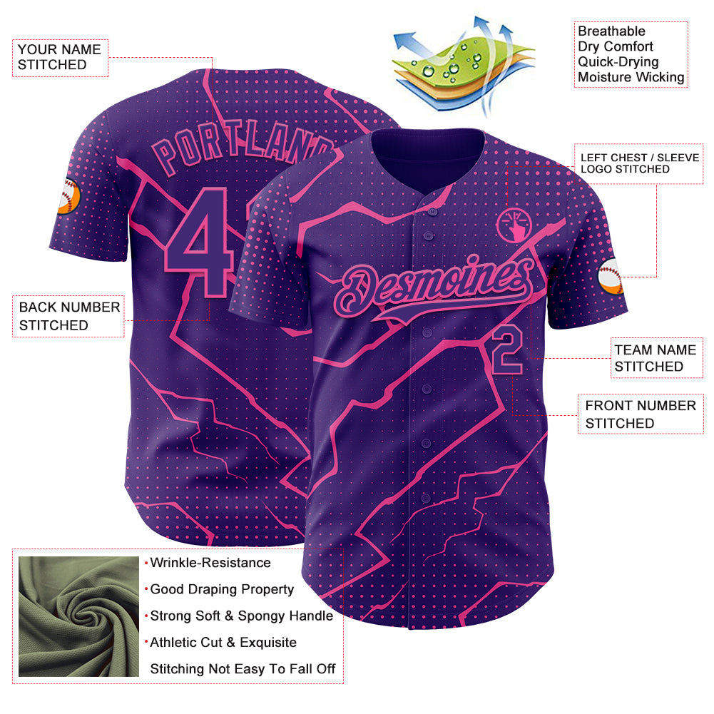 Custom Purple Pink Lightning Polka Dot Authentic Baseball Jersey view 3