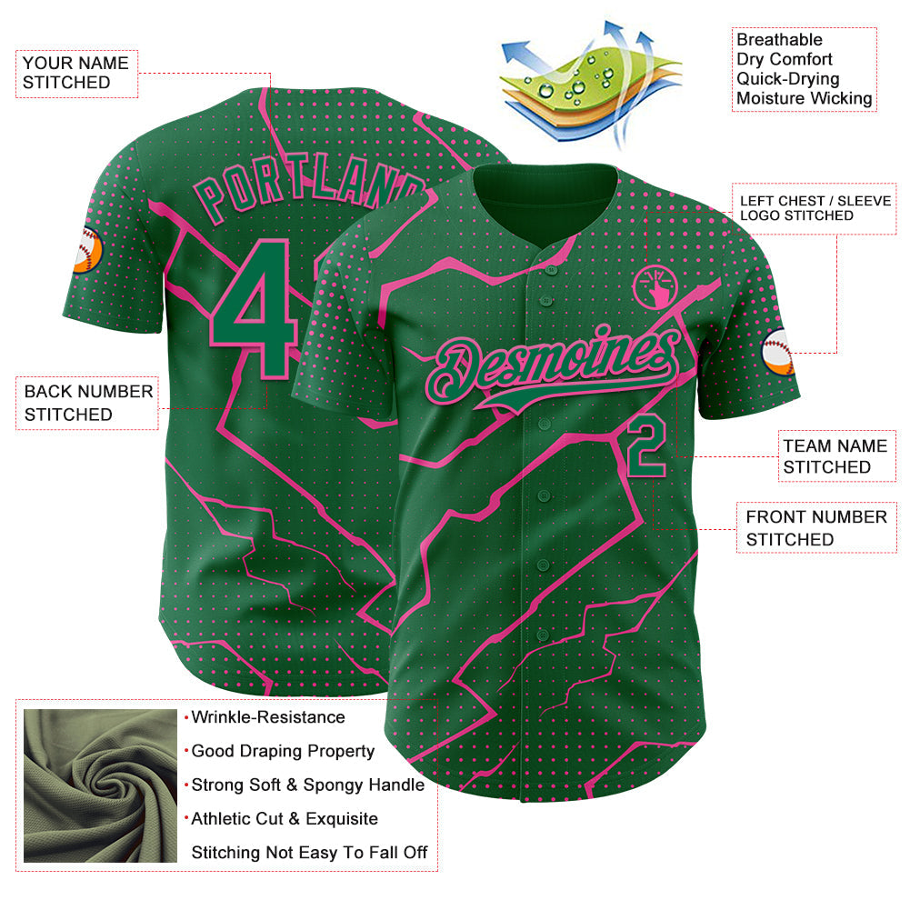 Custom Kelly Green Pink Lightning Polka Dot Authentic Baseball Jersey view 3