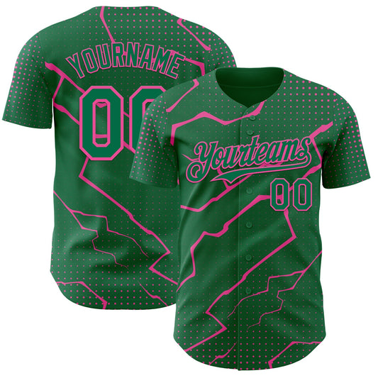 Custom Kelly Green Pink Lightning Polka Dot Authentic Baseball Jersey - Main View