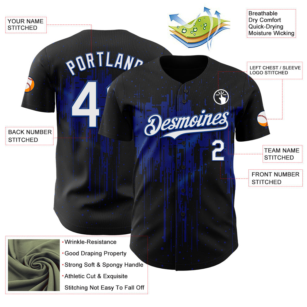 Custom Black White-Royal Dripping Splatter Paint Authentic Baseball Jersey view 3