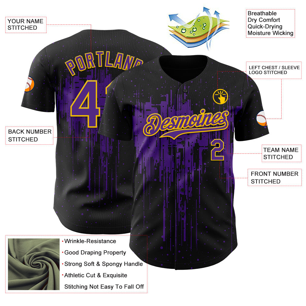 Custom Black Purple-Yellow Dripping Splatter Paint Authentic Baseball Jersey view 3