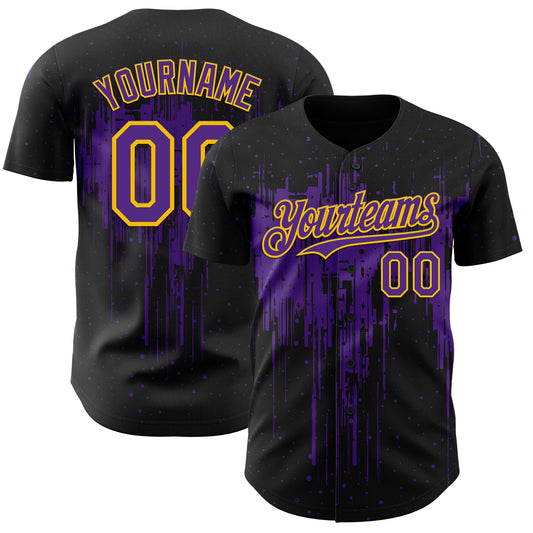 Custom Black Purple-Yellow Dripping Splatter Paint Authentic Baseball Jersey - Main View