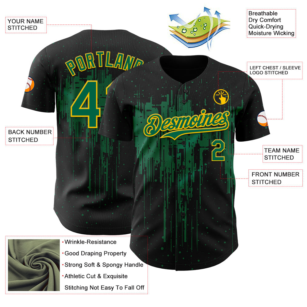 Custom Black Kelly Green-Yellow Dripping Splatter Paint Authentic Baseball Jersey view 3