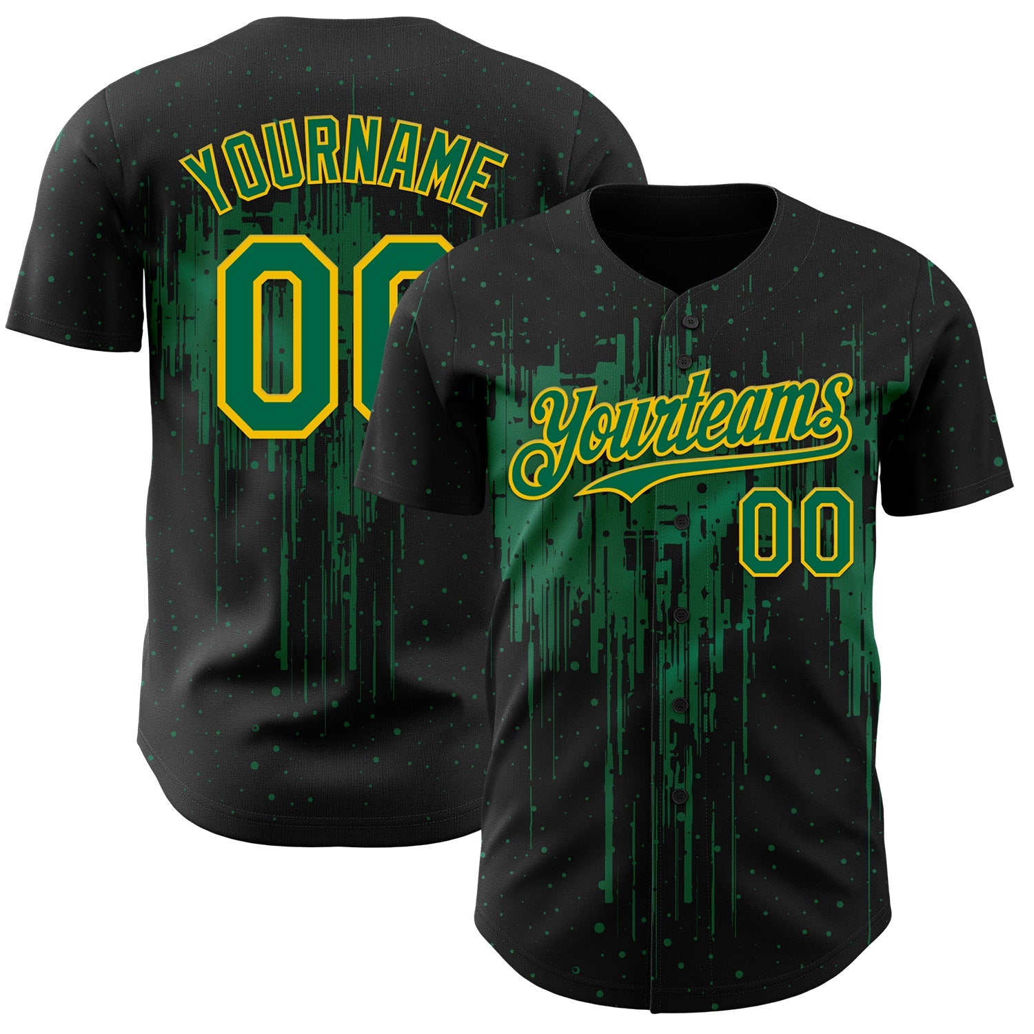Custom Black Kelly Green-Yellow Dripping Splatter Paint Authentic Baseball Jersey - Main View