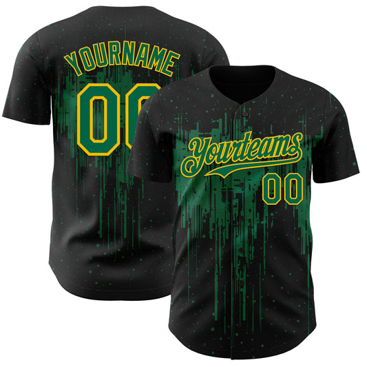 Custom Black Kelly Green-Yellow Dripping Splatter Paint Authentic Baseball Jersey - Main View