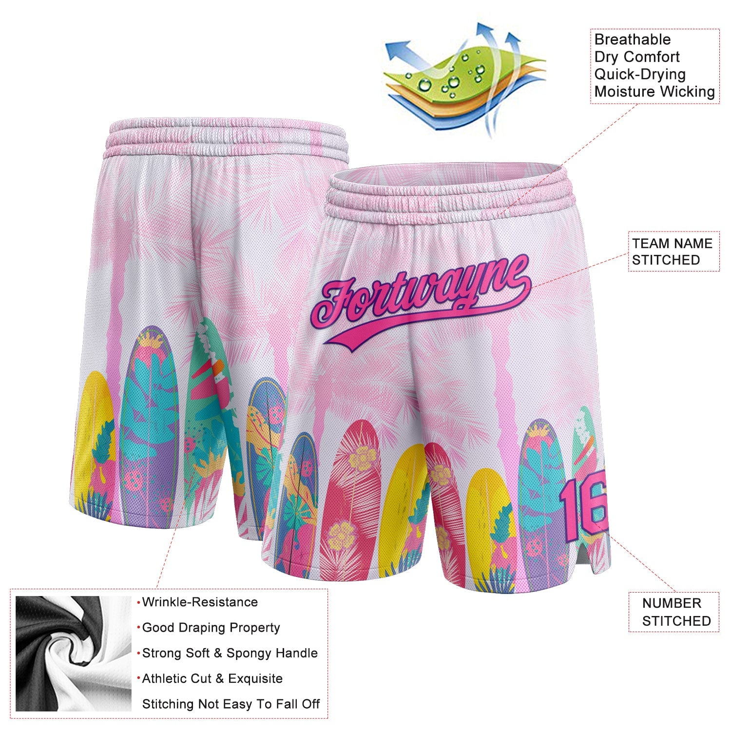 Custom Pink Purple 3D Pattern Hawaii Palm Trees Authentic Basketball Shorts view 2