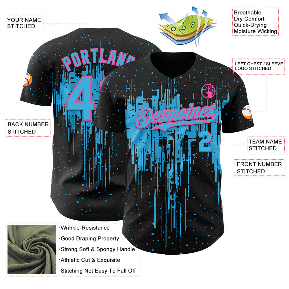 Custom Black Sky Blue-Pink Dripping Splatter Paint Authentic Baseball Jersey view 3