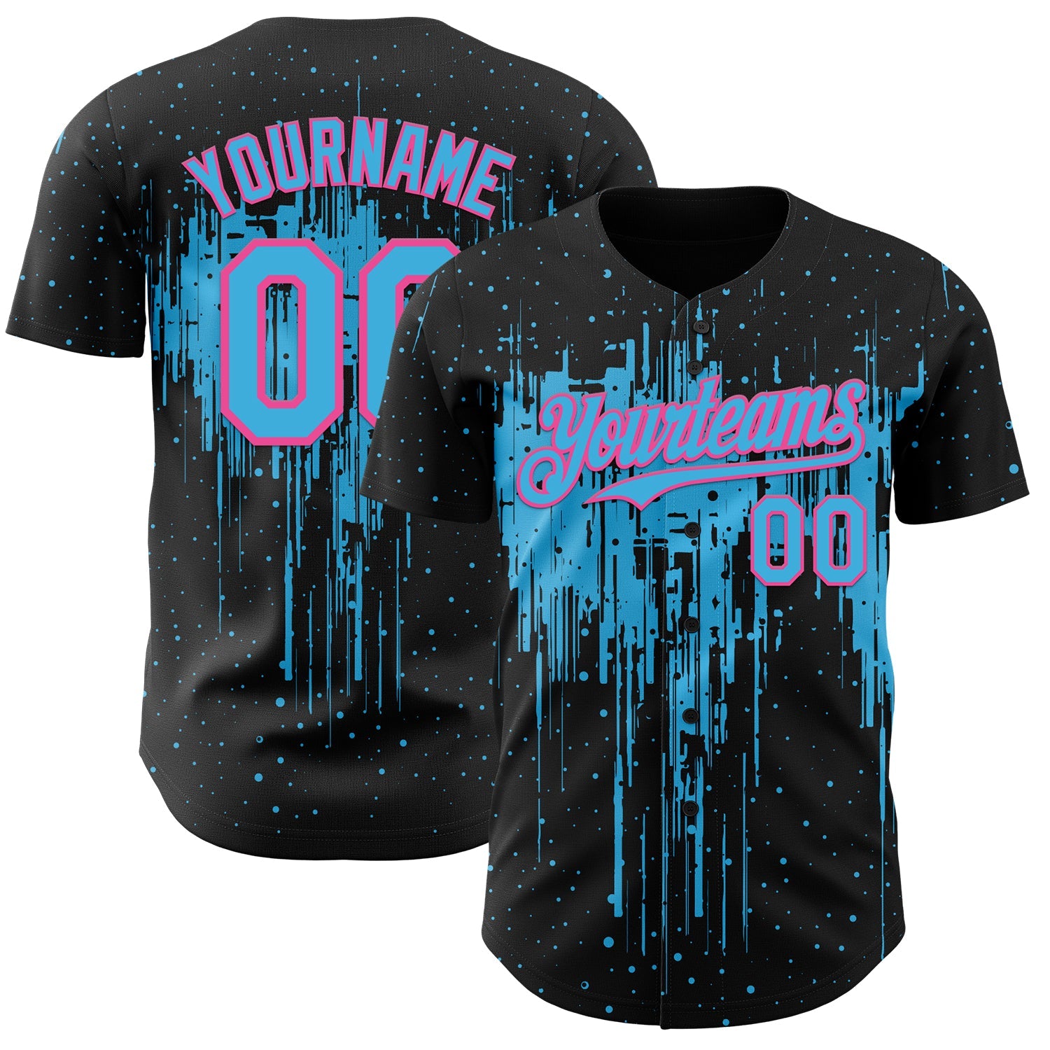 Custom Black Sky Blue-Pink Dripping Splatter Paint Authentic Baseball Jersey - Main View