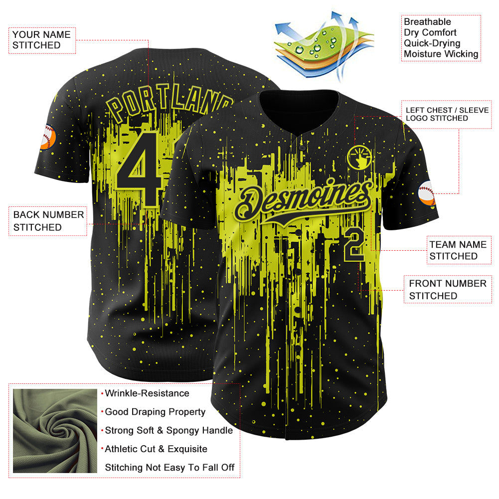 Custom Black Neon Yellow Dripping Splatter Paint Authentic Baseball Jersey view 3