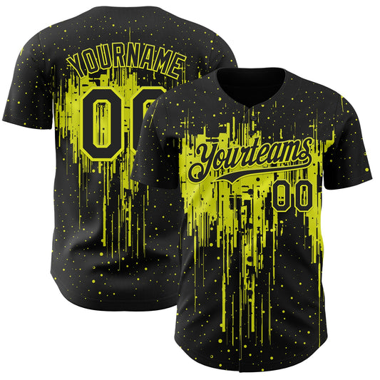 Custom Black Neon Yellow Dripping Splatter Paint Authentic Baseball Jersey - Main View