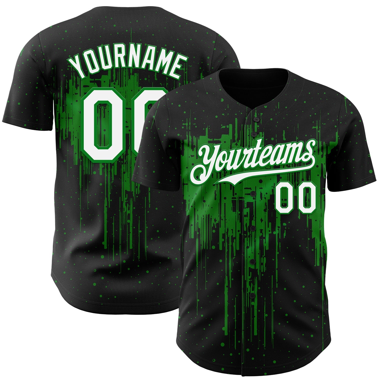 Custom Black White-Grass Green Dripping Splatter Paint Authentic Baseball Jersey - Main View