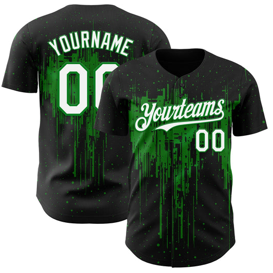 Custom Black White-Grass Green Dripping Splatter Paint Authentic Baseball Jersey - Main View