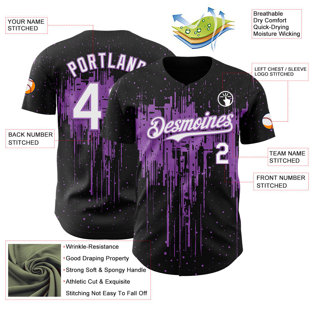Custom Black White-Medium Purple Dripping Splatter Paint Authentic Baseball Jersey view 3