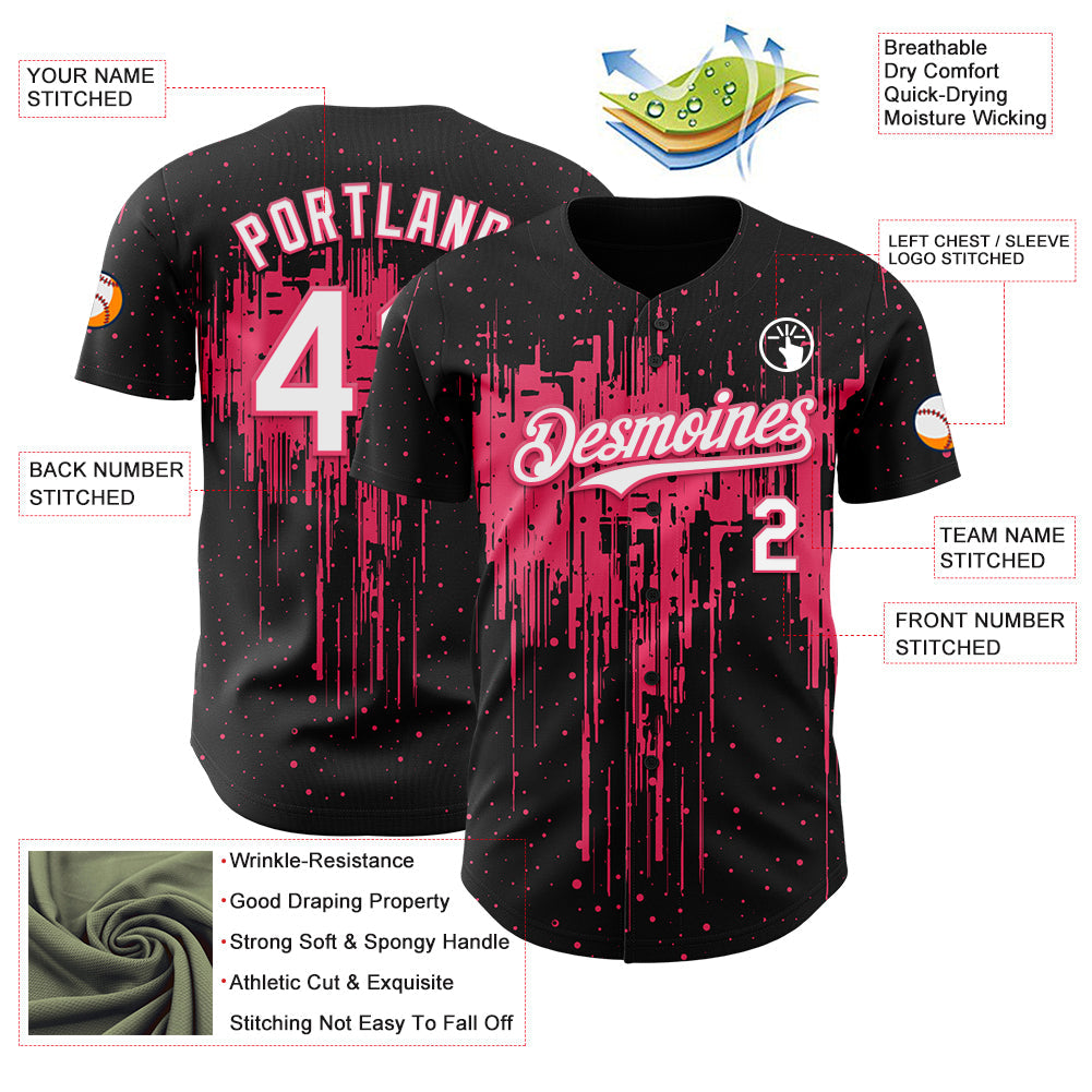 Custom Black White-Neon Pink Dripping Splatter Paint Authentic Baseball Jersey view 3
