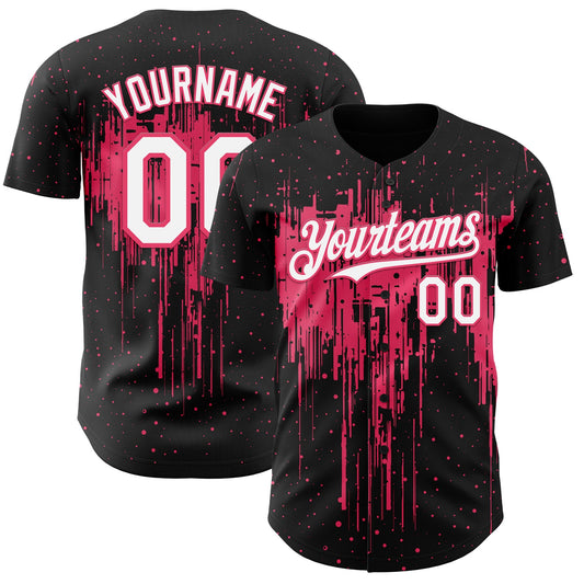 Custom Black White-Neon Pink Dripping Splatter Paint Authentic Baseball Jersey - Main View