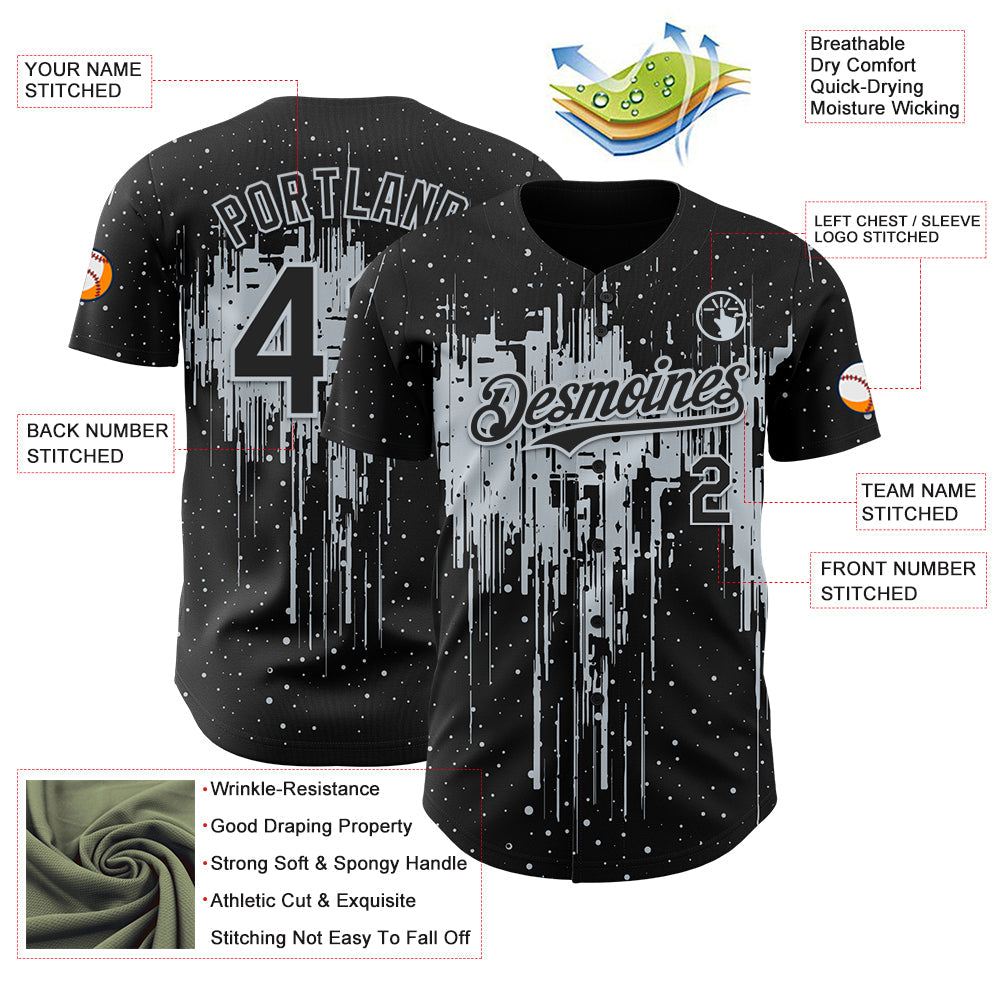 Custom Black Silver Dripping Splatter Paint Authentic Baseball Jersey view 3