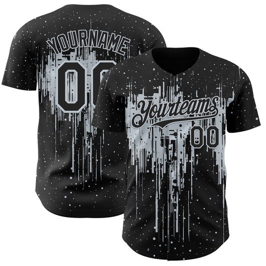 Custom Black Silver Dripping Splatter Paint Authentic Baseball Jersey - Main View