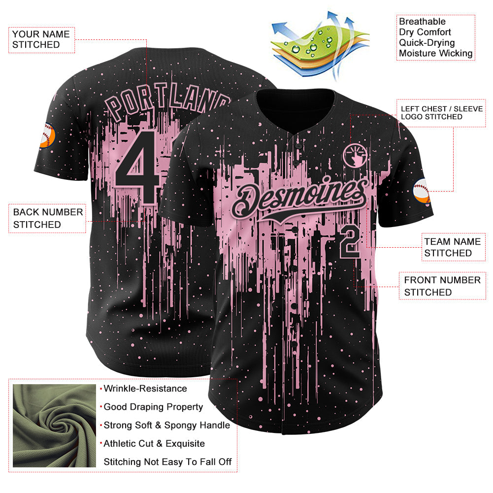 Custom Black Light Pink Dripping Splatter Paint Authentic Baseball Jersey view 3