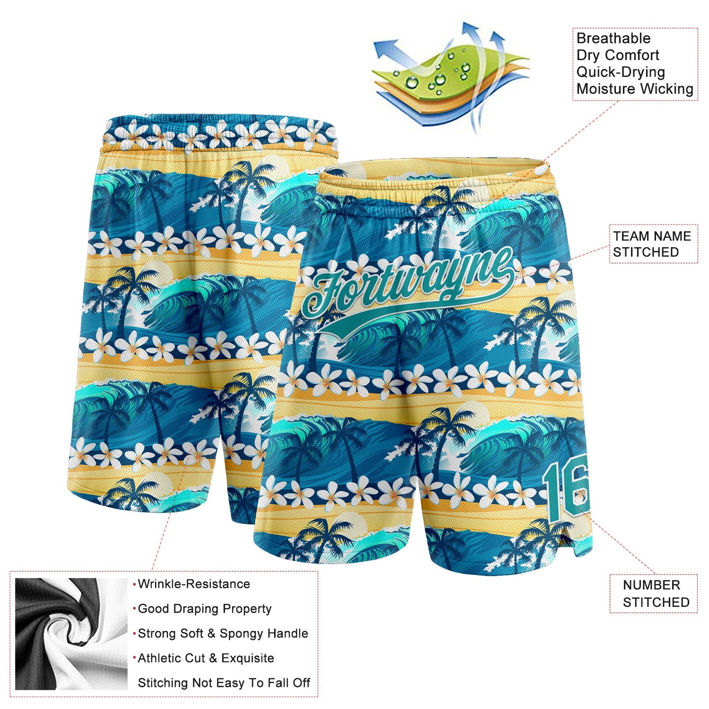 Custom Teal Gold 3D Pattern Hawaii Palm Trees And Flowers Authentic Basketball Shorts view 2