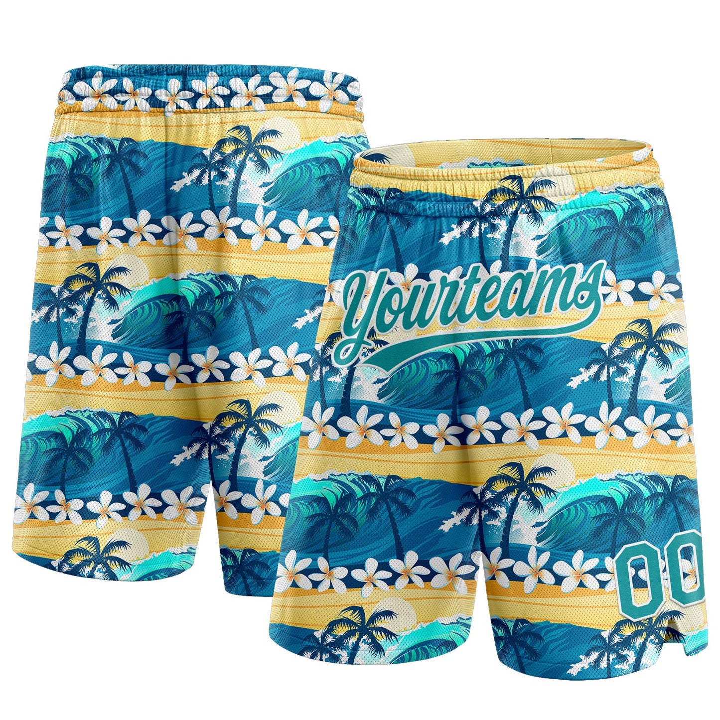 Custom Teal Gold 3D Pattern Hawaii Palm Trees And Flowers Authentic Basketball Shorts - Main View